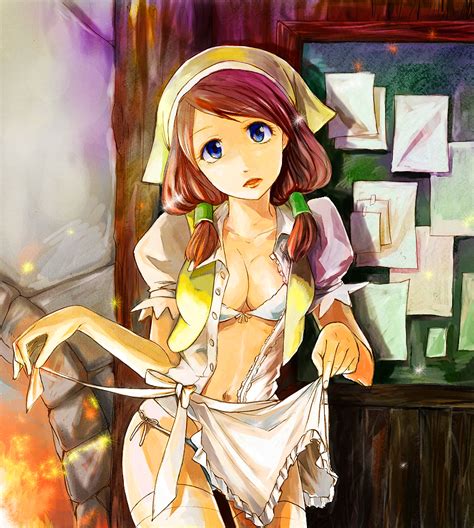 rule 34 apron becky monster hunter blue eyes breasts brown hair capcom cleavage female fire