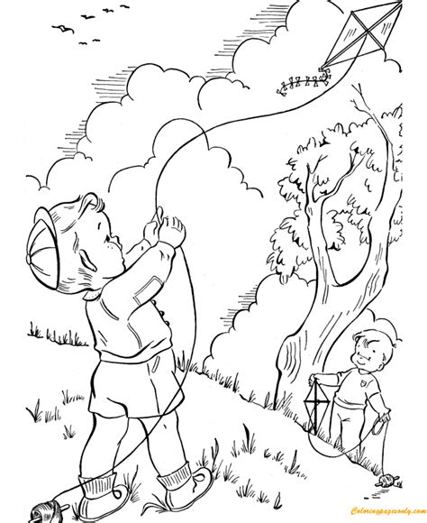 spring kite flying coloring pages  printable coloring pages