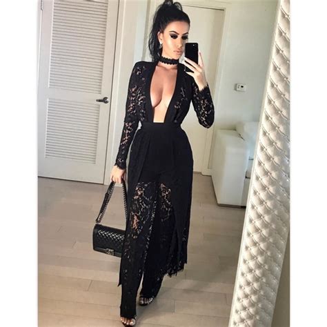2017 new kim kardashian sexy long sleeve bodycon jumpsuit lace see