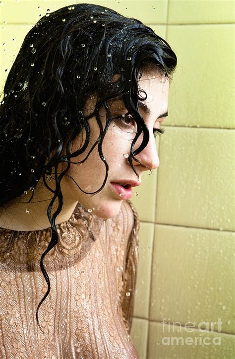 Dark Haired Woman Fully Clothed Getting Wet In The Shower Photograph By