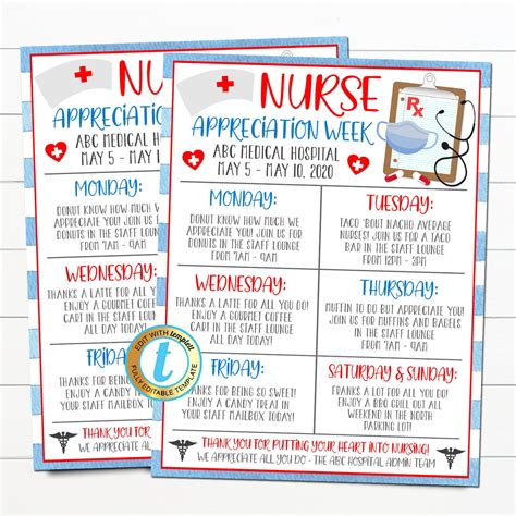 nurse appreciation week schedule tidylady printables