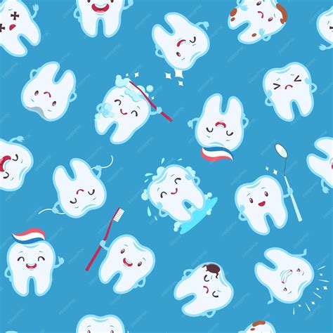premium vector cute teeth seamless pattern funny tooth characters   emotions