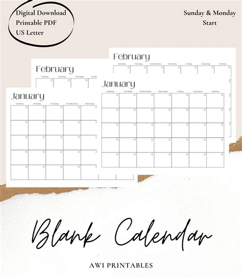 blank  month calendar printable  instant  etsy