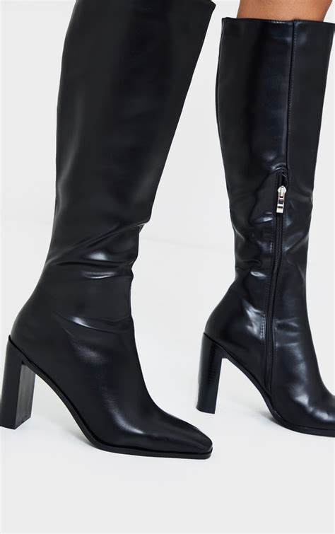 black pu high flat block heel metal toe knee boots prettylittlething