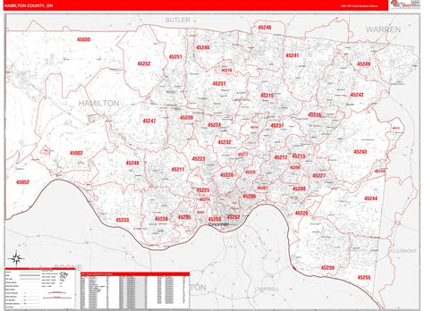 hamilton county  zip code wall map red  style  marketmaps