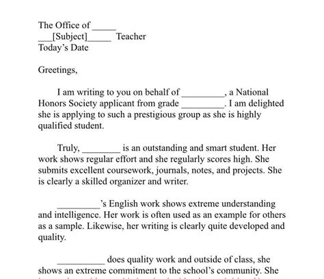 recommendation letter  nhs national honors society template etsy
