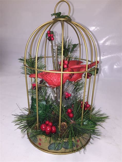 pair  red cardinals  gold tone decorative cage pine holly christmas decor christmas