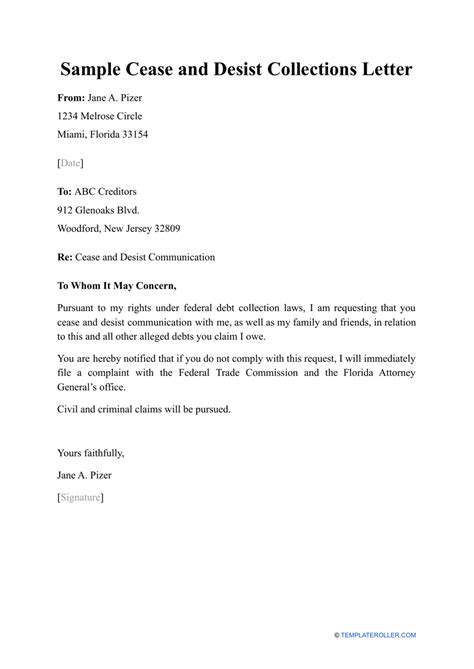 sample cease  desist collections letter  printable