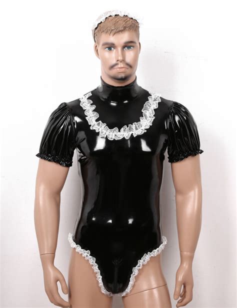 men s sissy wet look patent leather maid cosplay costume thong leotard