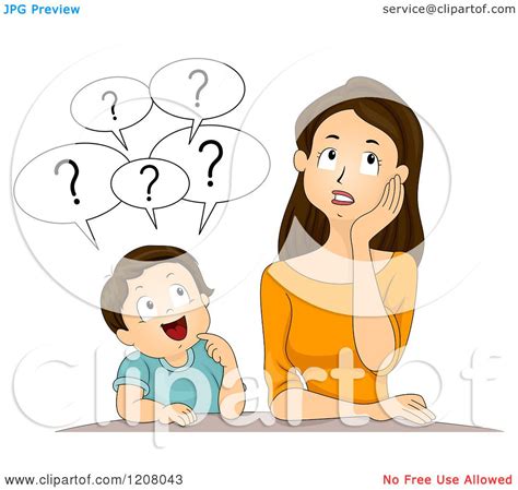 cartoon of a brunette caucasian mother and her son asking a lot of questions royalty free