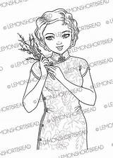 Coloring Lady Cheongsam Colouring Etsy Digital Stamp Plum Digi Blossoms Chinese Asian sketch template