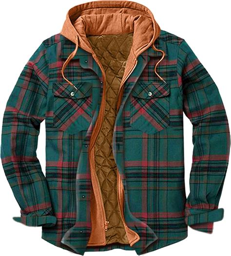 mens warm hooded flannel plaid shirt padded jackets zip  heavyweight