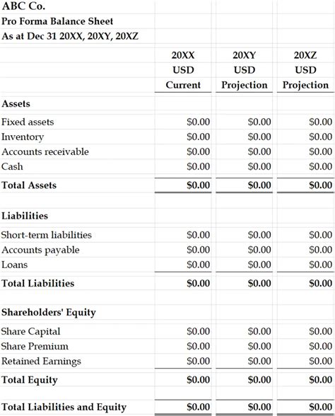 pro forma balance sheet  template  excel