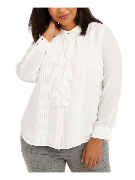 calvin klein womens white long sleeve mandarin collar blouse plus size