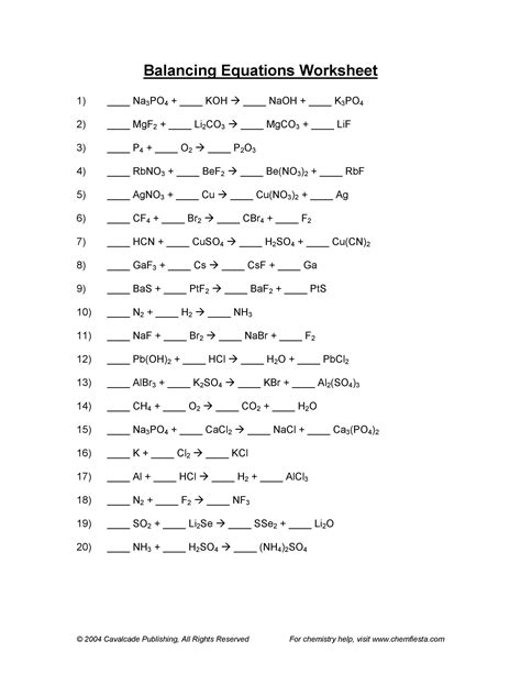 balancing chemical equations worksheets  answers worksheet