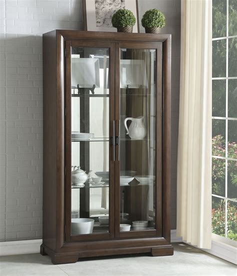 Acme Selma Double Beveled Glass Door With 3 Shelves Curio In Tobacco