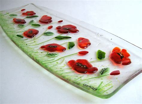 Fused Glass Platter Poppies In Red