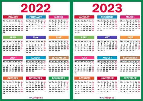 year calendar printable  colorful blue green