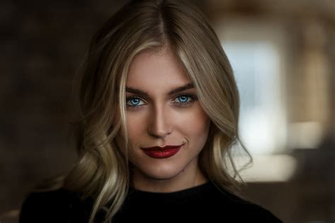 Wallpaper Women Blonde Face Smirk Red Lipstick Blue
