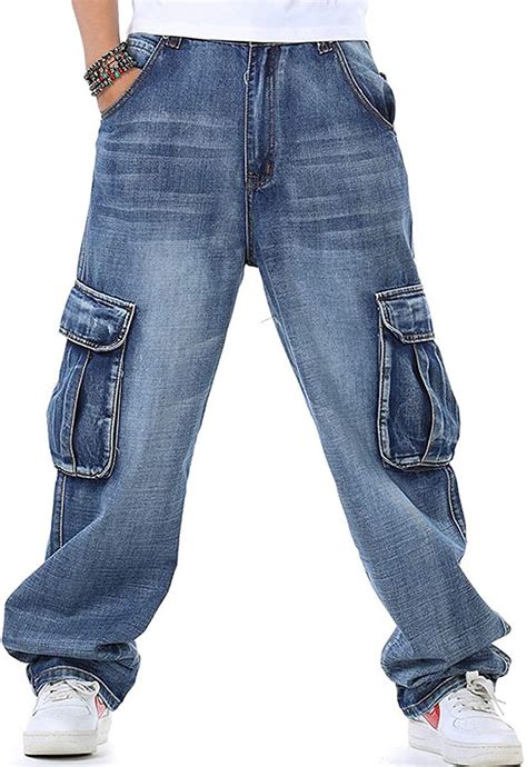 ruiatoo mens baggy jeans loose hip hop denim work pants button fly jeans  cargo pockets