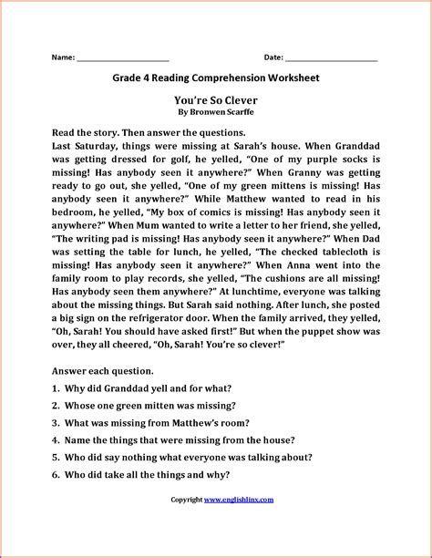 grade  english comprehension worksheet worksheet resume examples
