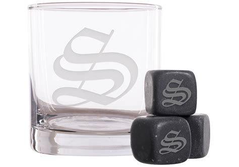 personalized old english monogram whiskey glass and stones