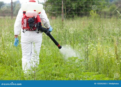 man  protective workwear spraying herbicide  ragweed weed control stock image image
