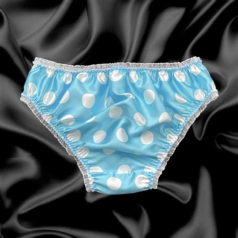 aqua blue satin polkadot frilly sissy panties bikini knicker slips
