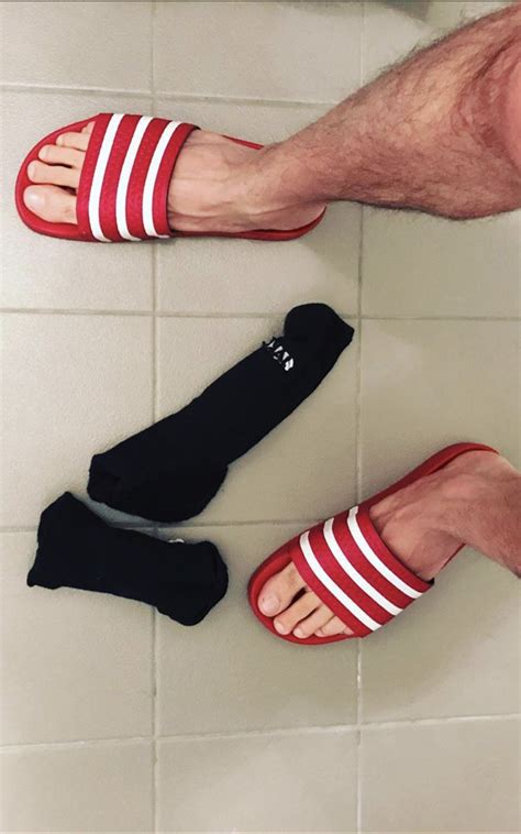Sneak Peak One Barefoot In Red Adidas Slides Male Feet Blog