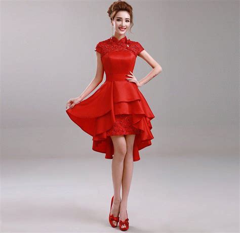 elegant red chinese evening dress with lace neck