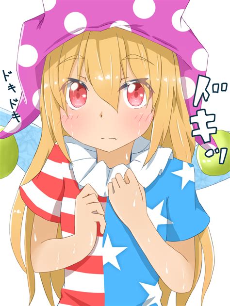safebooru 1girl american flag shirt arms up blonde hair blush