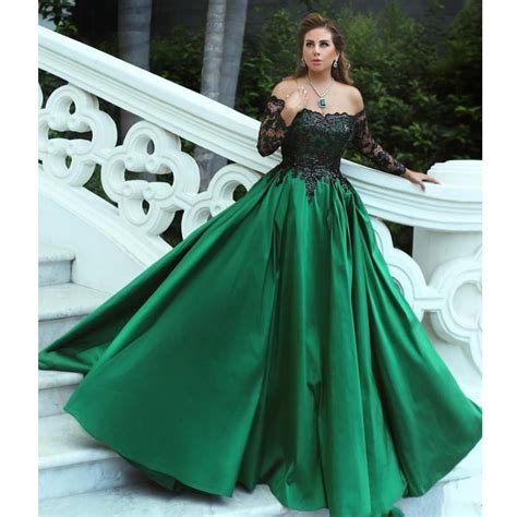 emerald green formal party dresses abiye with shiny black lace full