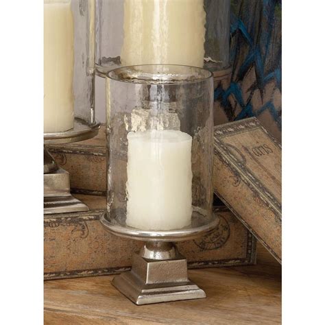 11 In Silver Aluminum Glass Hurricane Candle Holder 16493