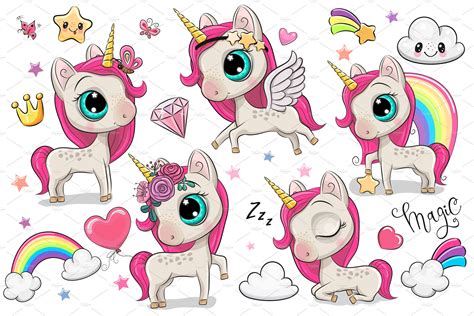 set  cute cartoon unicorns clipart custom designed illustrations