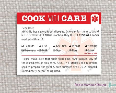 allergy alert dining card printable allergy card food allergy alert