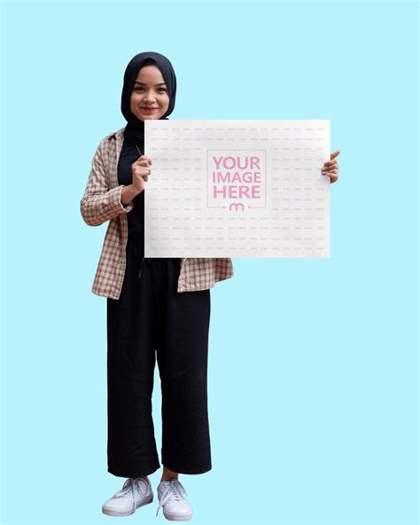 a2 paper mockup featuring a woman holding it while stand mediamodifier
