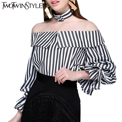 Twotwinstyle 2019 Striped Women S Blouses Shirts Female Summer Sexy Off