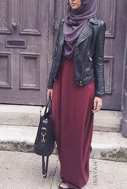 leather jacket and burgundy maxi skirt hijab fashion islamic fashion
