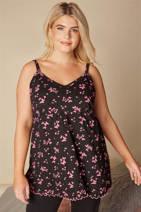 Black And Pink Butterfly Longline Pyjama Top With Frilled Hem Plus Size