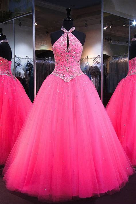 Ball Gown Halter Front Cutout Hot Pink Tulle Beaded