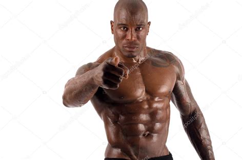 black bodybuilder pointing to you and asking you to train