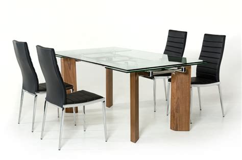 modern glass top extendible dining table  wooden legs