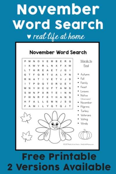 printable november word search printable puzzle  kids