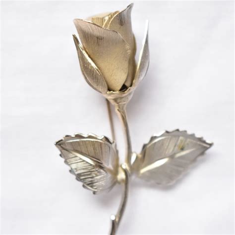 Jewelry Vintage Single Stem Rose Metal Flower Brooch