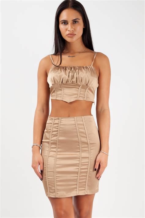gold satin crop top mini skirt co ord set party outfit uk