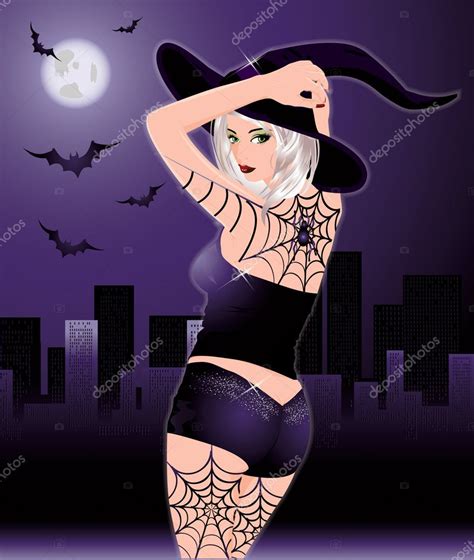halloween sexy witch in city vector illustration — stock