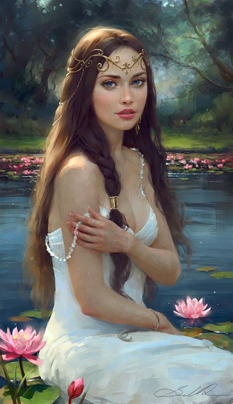 Water Lily Dream Oil Painting Girl Beautiful Dress