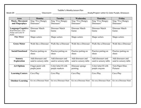 lesson plans templates  toddlers  template