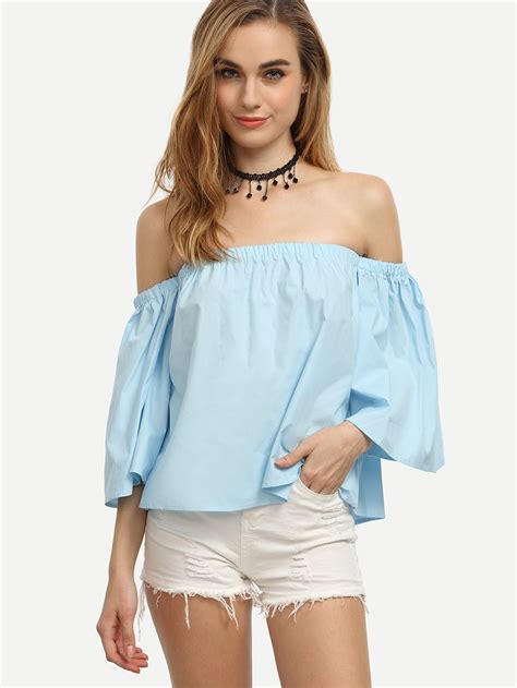 baby blue elastic   shoulder top tops fashion blue tops