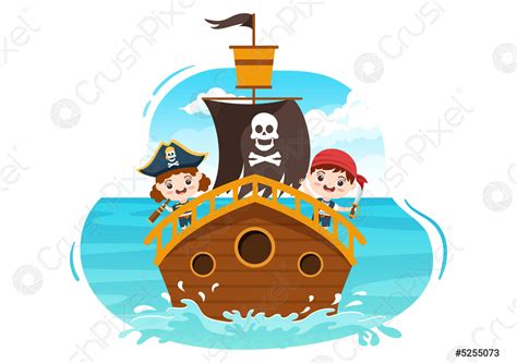 cute pirate cartoon character illustration  wooden wheel chest